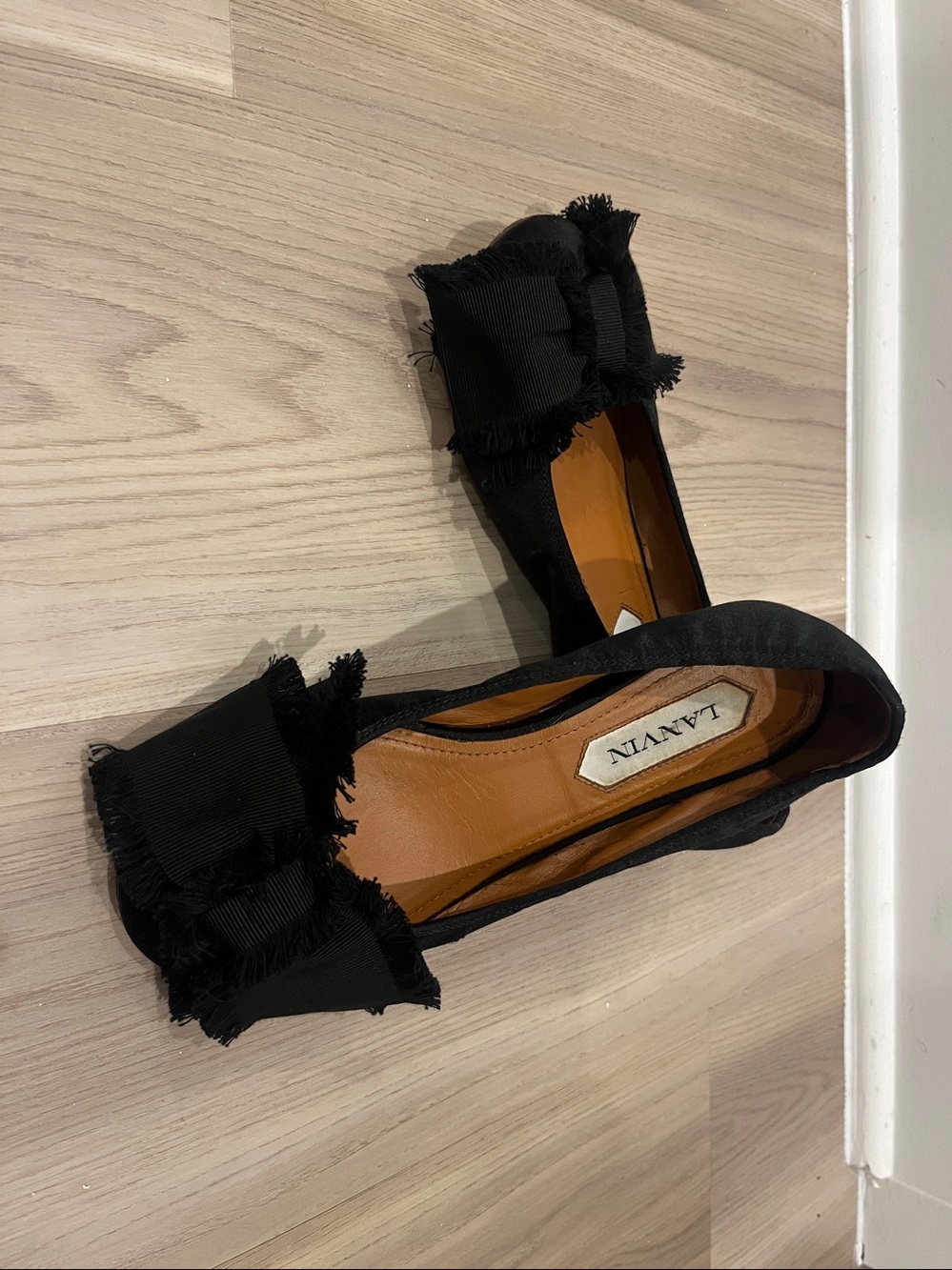 Lanvin Black Satin Frayed Bow Ballet Flats
